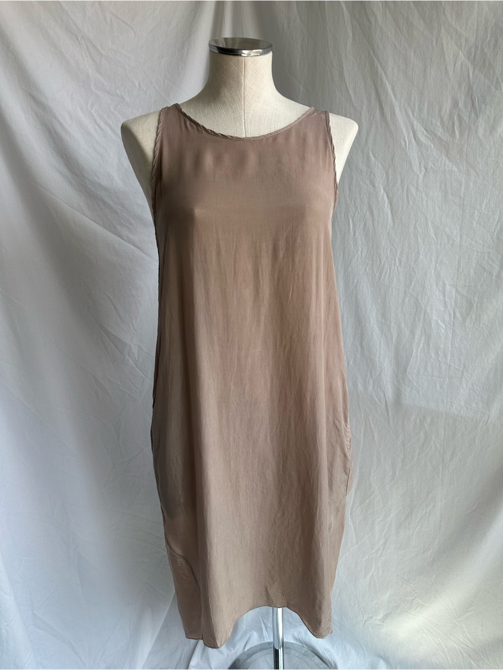 European Culture Cupro Midi Dress — Taupe, Made in Italy, Asymmetrical Hem, Sz M